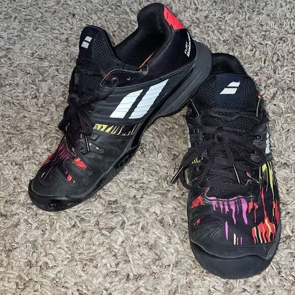Babolat Fury Tennis Shoes Black & Neon Yellow Orange Violet - Picture 2 of 9